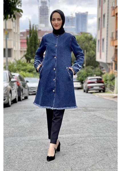 Püsküllü Kot Ceket Koyu Mavi