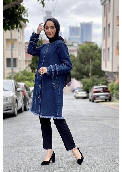 Püsküllü Kot Ceket Koyu Mavi modelleri