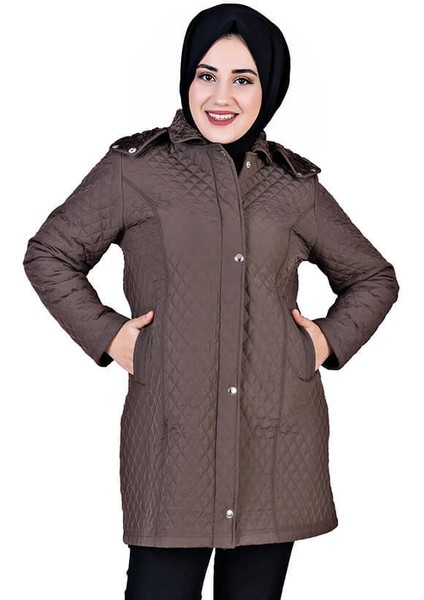 Kapüşonlu Kapitone Tesettür Mont Kahverengi