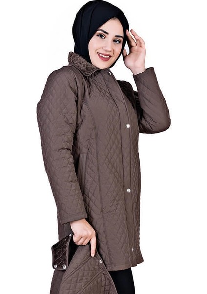 Kapüşonlu Kapitone Tesettür Mont Kahverengi modelleri