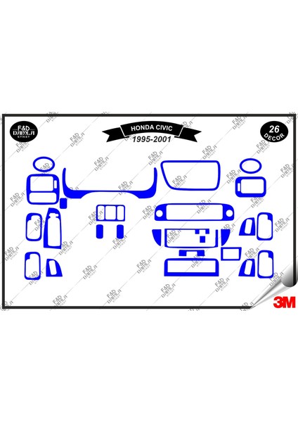 Honda Civic 1995-2001 Torpido Konsol Trim Göğüs Maun Kaplama Set 26 Parça Mavi