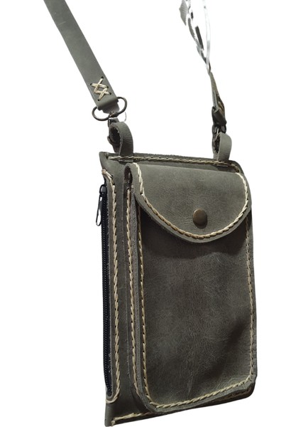 Asklepios Model El Yapımı Deri Gri Renk Telefonluk Askılı Omuz Çantası