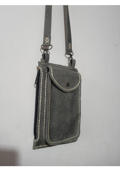 Asklepios Model El Yapımı Deri Gri Renk Telefonluk Askılı Omuz Çantası modelleri