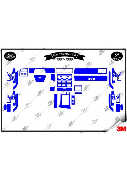 Fiat Tempra Tipo 1991-1999 Torpido Konsol Trim Göğüs Maun Kaplama Set 51 Parça Mavi