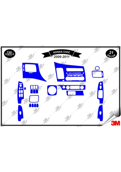 Honda Civic 2006-2011 Torpido Konsol Trim Göğüs Maun Kaplama Set 21 Parça Mavi