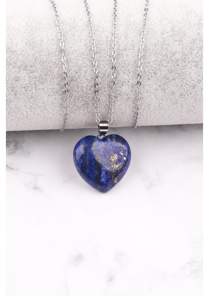 Doğal Lapis Lazuli Kalp Kolye Zincir Dahil