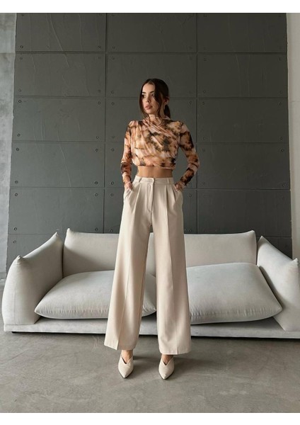 Pileli Krem Palazzo Kadın Pantolon