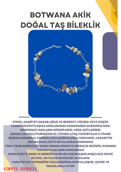 Sertifikalı Bostwana Doğal Taş El Yapımı Tasarım Bileklik