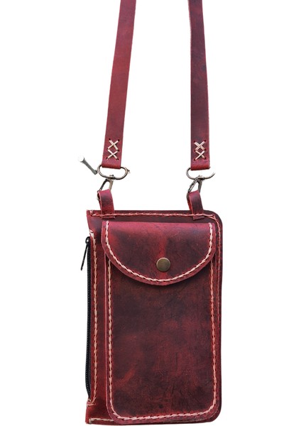 Asklepios Model El Yapımı Deri Bordo Renk Telefonluk Askılı Omuz Çantası