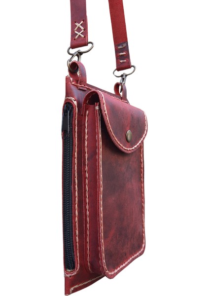 Asklepios Model El Yapımı Deri Bordo Renk Telefonluk Askılı Omuz Çantası modelleri
