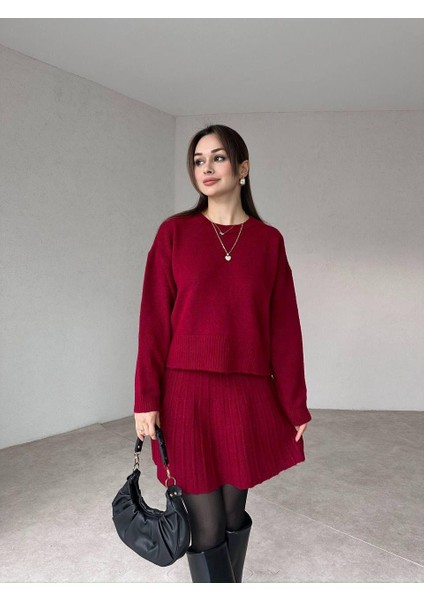 Kadın Bordo Bisiklet Yaka Yüksek Bel Eteği Pileli Kışlık Etek Kazak Triko Alt Üst Takım modelleri