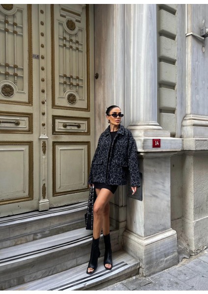 Trend Gri Leopar Desenli Ceket