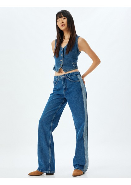 Düz Paça Kot Pantolon Renk Bloklu Yüksek Bel Düğmeli Pamuklu - Longer Straight Fit Jean