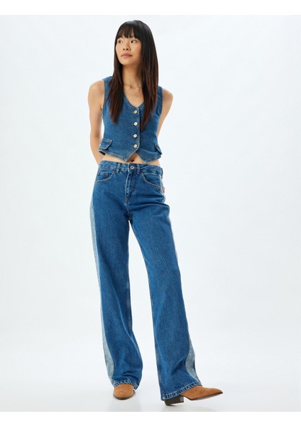 Düz Paça Kot Pantolon Renk Bloklu Yüksek Bel Düğmeli Pamuklu - Longer Straight Fit Jean fiyatları