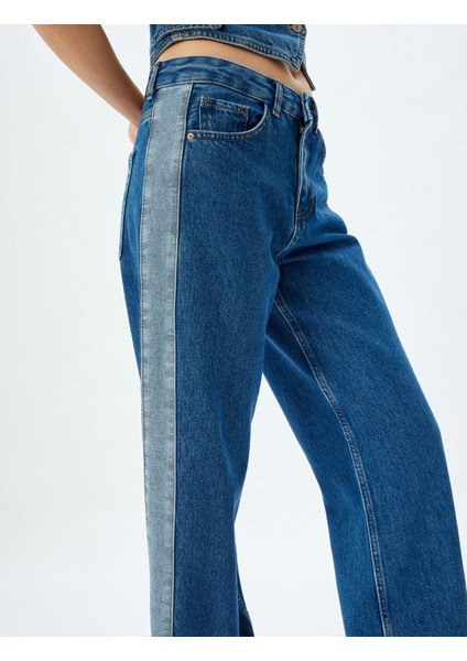 Düz Paça Kot Pantolon Renk Bloklu Yüksek Bel Düğmeli Pamuklu - Longer Straight Fit Jean indirimleri