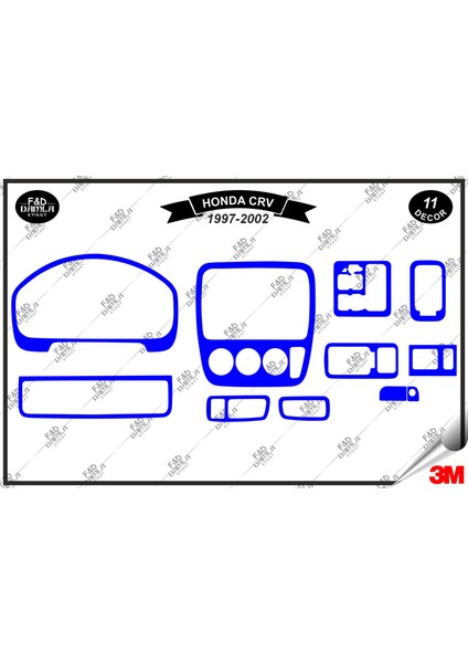 Honda Crv 1997-2002 Torpido Konsol Trim Göğüs Maun Kaplama Set 11 Parça Mavi