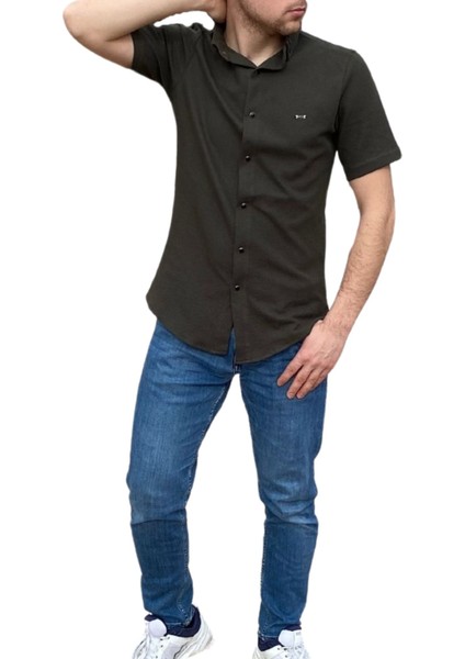 Erkek Gömlek Düğme Detaylı Premium Likralı Kısakollu Slim Fit Erkek Spor Gömlek