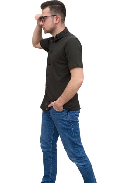 Erkek Gömlek Düğme Detaylı Premium Likralı Kısakollu Slim Fit Erkek Spor Gömlek indirimleri