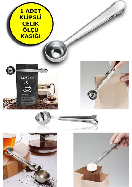Mandallı Kahve Ölçü Kaşığı Gümüş Renk Çok Fonksiyonlu Paslanmaz Çelik Kaşık