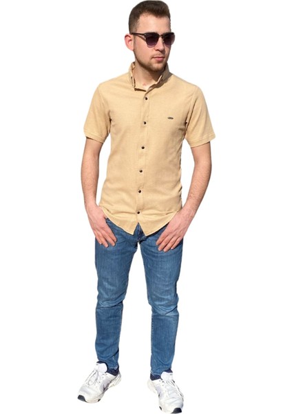 Erkek Gömlek Düğme Detaylı Premium Likralı Kısakollu Slim Fit Erkek Spor Gömlek