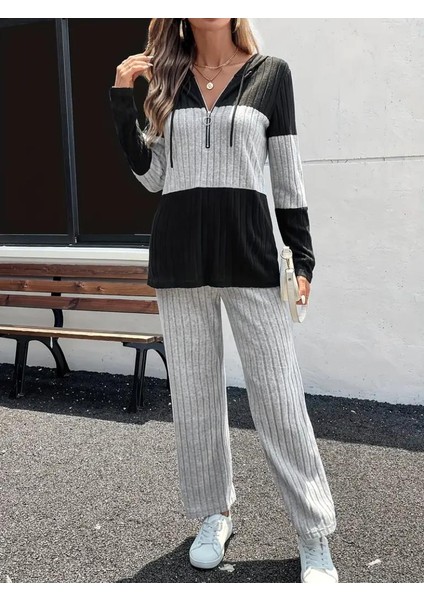 Kadın Uzun Kollu Kapşonlu Önden Fermuarlı Şardonlu Kaşkorse Bluz ve Pantolon fırsatları