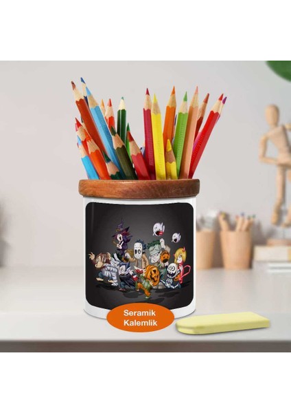 Hallowen Kostümlü Iskeletler Ahşaplı Seramik Kalemlik - Han-Cha