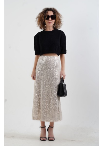 Bej Pul Payetli Midi Boy Çan Etek