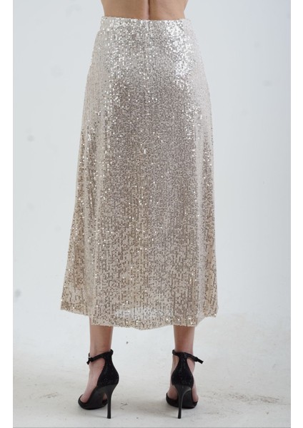 Bej Pul Payetli Midi Boy Çan Etek modelleri