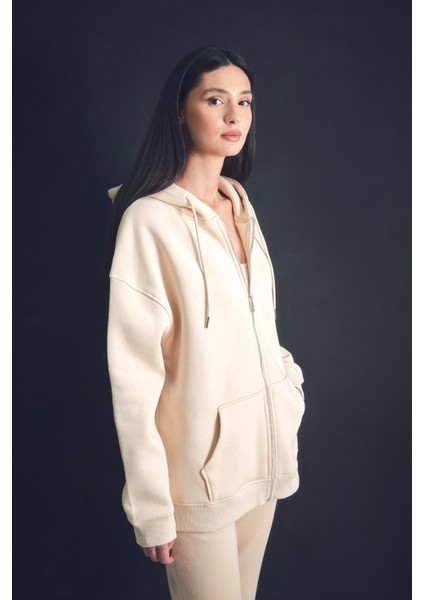 3 Iplik Basic Fermuarlı Kapüşonlu Oversize Sweatshirt Hoodie