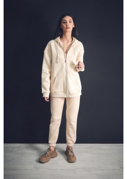 3 Iplik Basic Fermuarlı Kapüşonlu Oversize Sweatshirt Hoodie