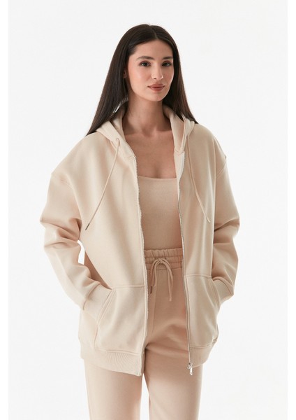 3 Iplik Basic Fermuarlı Kapüşonlu Oversize Sweatshirt Hoodie