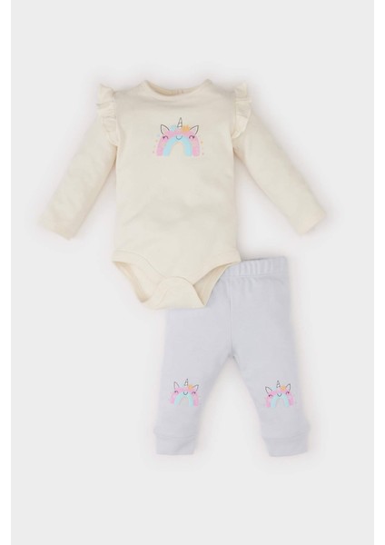 Kız Bebek 2'li Takım Unicorn Baskılı Uzun Kollu Çıtçıtlı Body Beli Lastikli Alt D8702A525SP