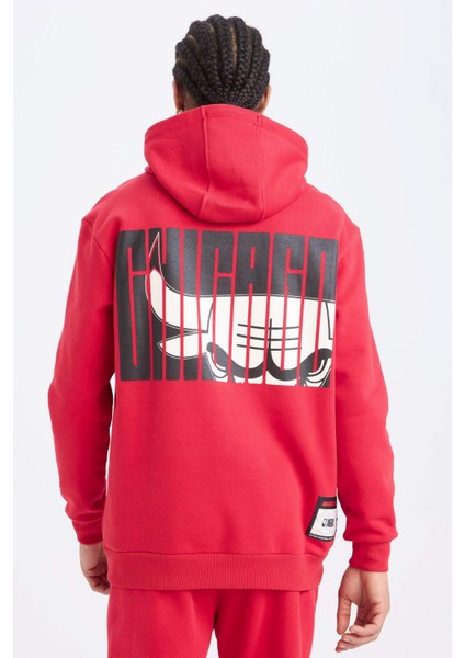 DeFactoFit NBA Chicago Bulls Standart Fit Kapüşonlu Sirt Baskılı Kalın Sweatshirt B3884AX25SP