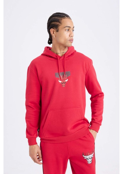 DeFactoFit NBA Chicago Bulls Standart Fit Kapüşonlu Sirt Baskılı Kalın Sweatshirt B3884AX25SP