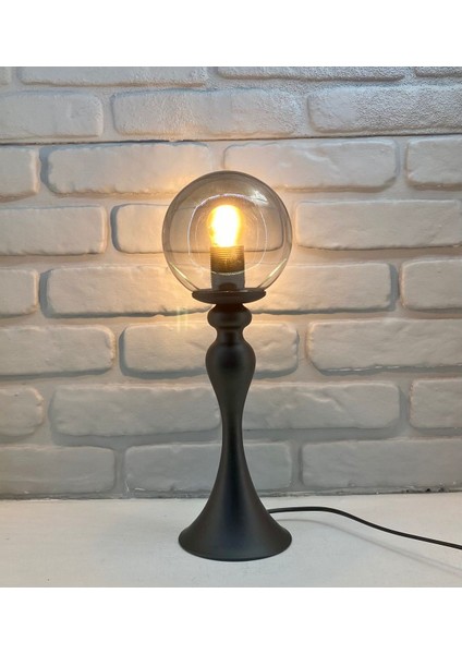 Siyah Şahmeran Model Yüksek Metal Ayaklı 15 cm Füme Renk Camlı Masa Lambası Abajur Aydınlatma