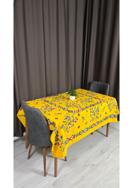 Kolay Temizlenebilir Sarı Renkli Cıvıl Cıvıl Çengelköy Desenli Masa Örtüsü 170x170