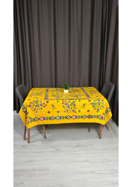 Kolay Temizlenebilir Sarı Renkli Cıvıl Cıvıl Çengelköy Desenli Masa Örtüsü 170x170