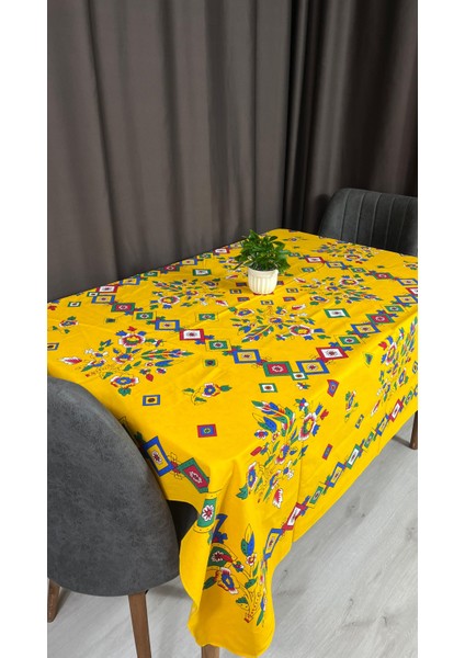 Kolay Temizlenebilir Sarı Renkli Cıvıl Cıvıl Çengelköy Desenli Masa Örtüsü 170x170