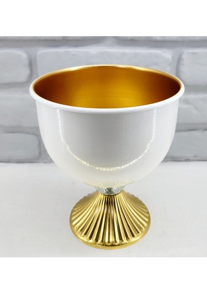 Modern Dekoratif Gold Ayaklı Kristal Taşlı Beyaz Içi Gold Salon Vazo Masa Üstü Aksesuar Dekor