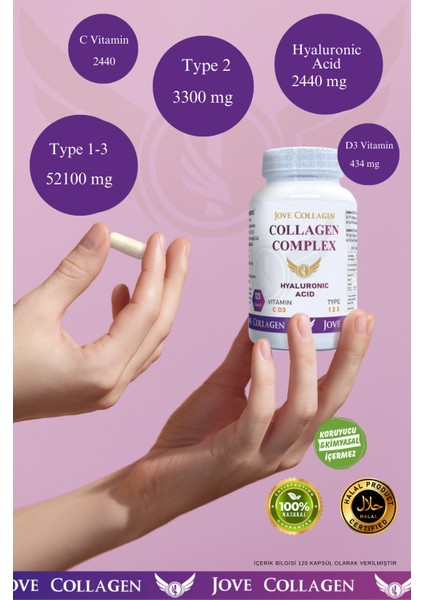 Komplex Kollajen Tip 1-2-3 Hidrolize Kollajen peptit Hyaluronik Asit C ve D3 Vit 120 Kapsül