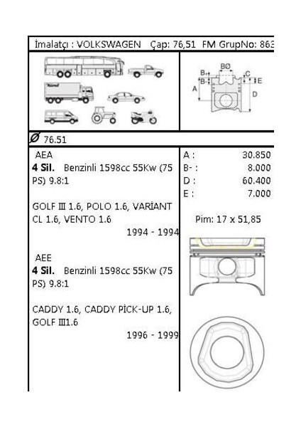 87-72183-STD Piston Segman 76.51MM Std Cordoba Ibiza Iı Iıı Felicia I Iı Octavia Golf Iıı Polo Vento 1.6 Aea Aee Ahs Alm 92-03 032107065N