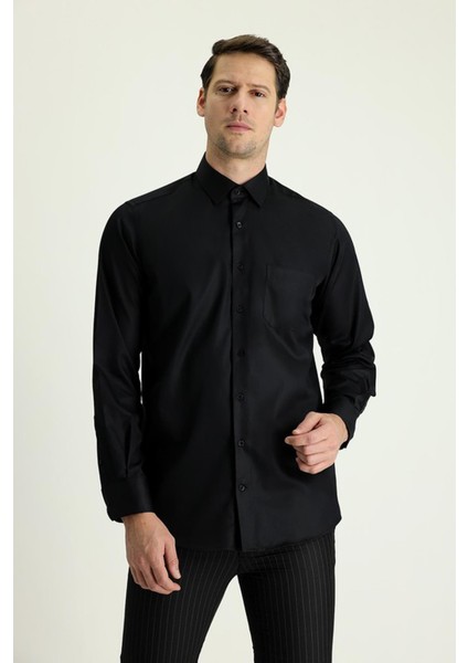 Dormen Classics Erkek Siyah Kolay Ütülenebilir Regular Fit Geniş Kesim Klasik Yaka Cepli Gömlek