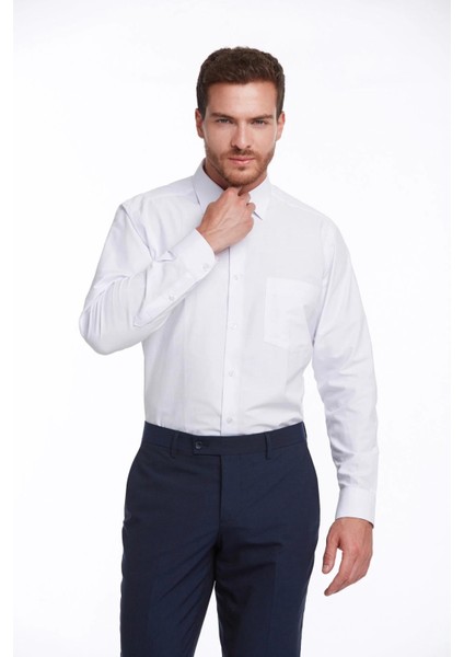 Dormen Classics Erkek Beyaz Kolay Ütülenebilir Regular Fit Geniş Kesim Klasik Yaka Cepli Gömlek