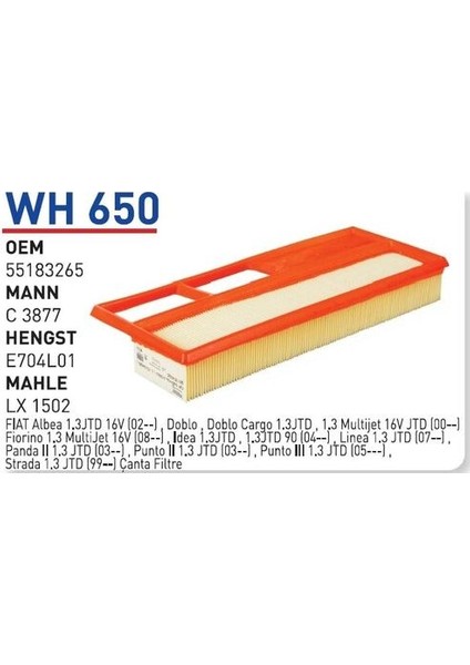Wh650 Oem 55183265 Fiat albea palio doblo 1.3 jtd Otomobil hava filtre air filter