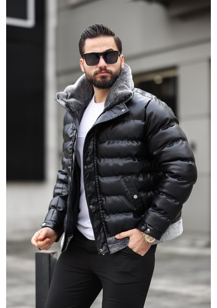 Yaka ve Eteği Kürklü Kışlık Şişme Deri Mont