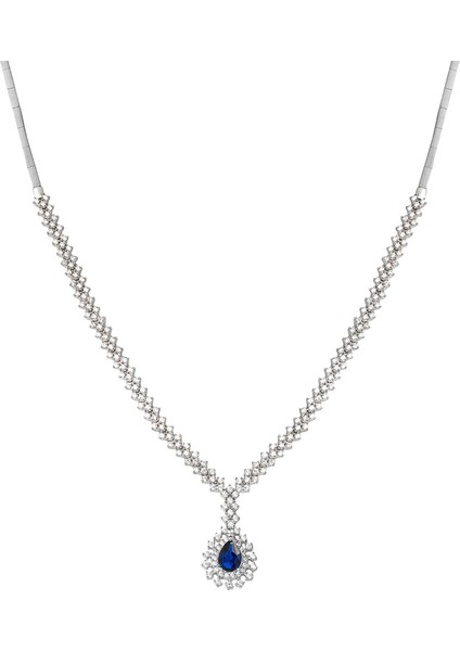 Lacivert Damla Taşlı Suyolu 14 Ayar Beyaz Altın Kolye