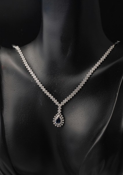 Lacivert Damla Taşlı Suyolu 14 Ayar Beyaz Altın Kolye modelleri