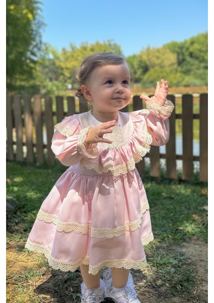 ALYRA Kız Çocuk Elbise Kız Bebek Dantelli Uzun Kollu Astarlı Vintage Doğum Günü Parti Düğün Abiye Tüllü Saten Elbise Çocuk Giyim ALY0260
