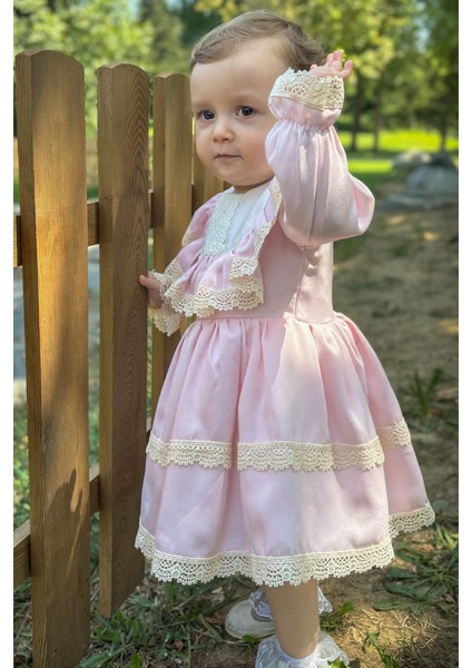ALYRA Kız Çocuk Elbise Kız Bebek Dantelli Uzun Kollu Astarlı Vintage Doğum Günü Parti Düğün Abiye Tüllü Saten Elbise Çocuk Giyim ALY0260