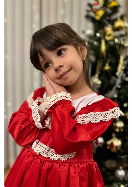 ALYRA Kız Çocuk Elbise Kız Bebek Dantelli Uzun Kollu Astarlı Vintage Doğum Günü Parti Düğün Abiye Tüllü Saten Elbise Çocuk Giyim ALY0260